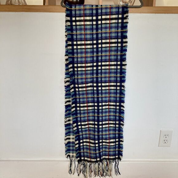 Burberry London Blue Black Plaid Checkered Cashmere Wool Blend Fringe Scarf - Picture 4 of 5